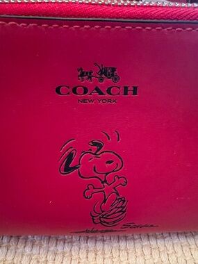 Coach Red Leather Cosmetic Bag with Black Snoopy Graphic